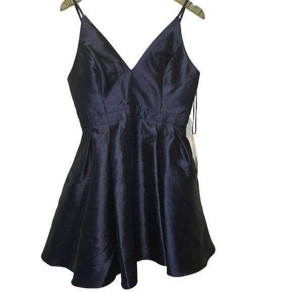 Maniju Women's Navy High Sheen Pocket Mini A-line Flair Dress, NWT, Sz. L - Picture 2 of 6